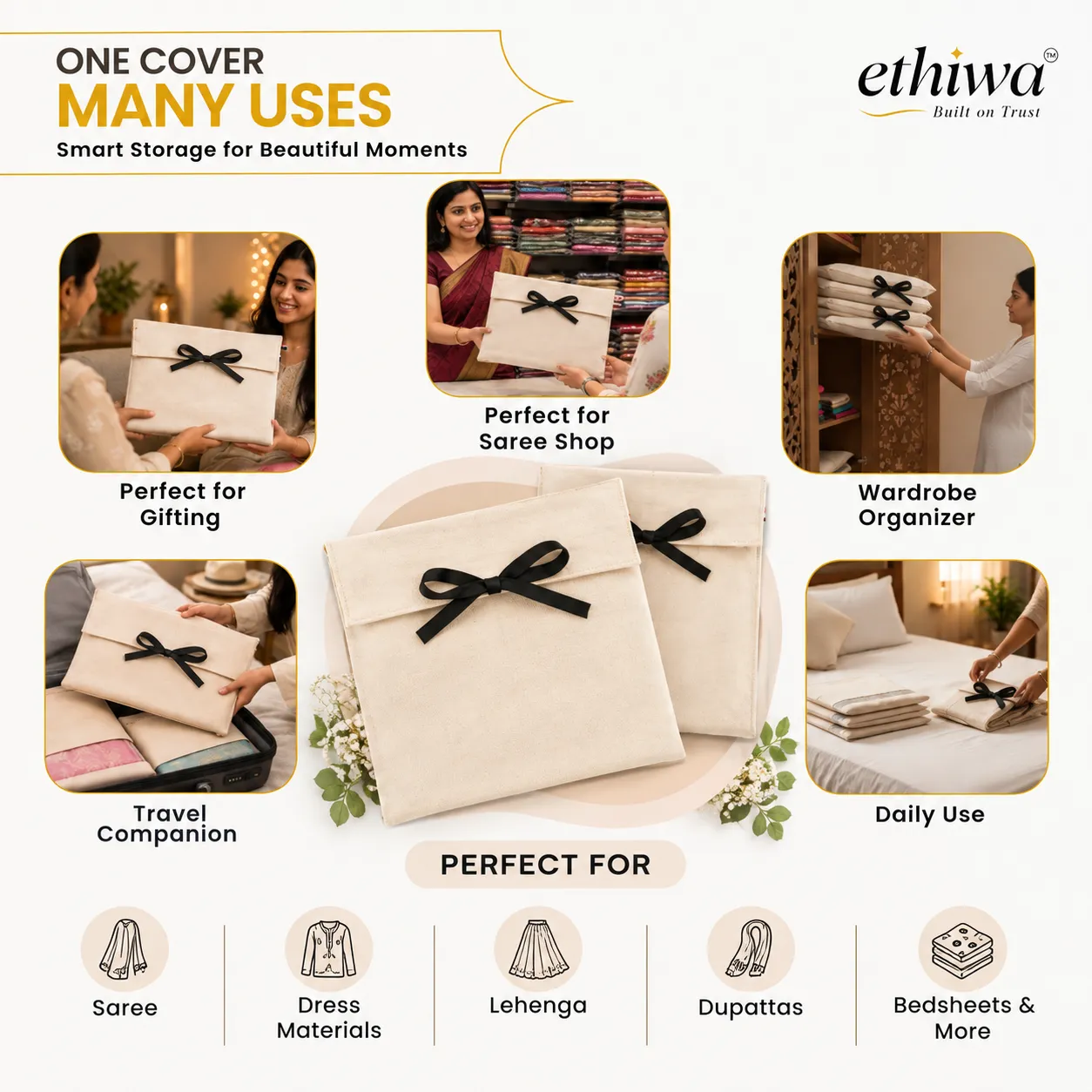 Cotton Saree Cover with Ribbon Closure - 14x16 Inch