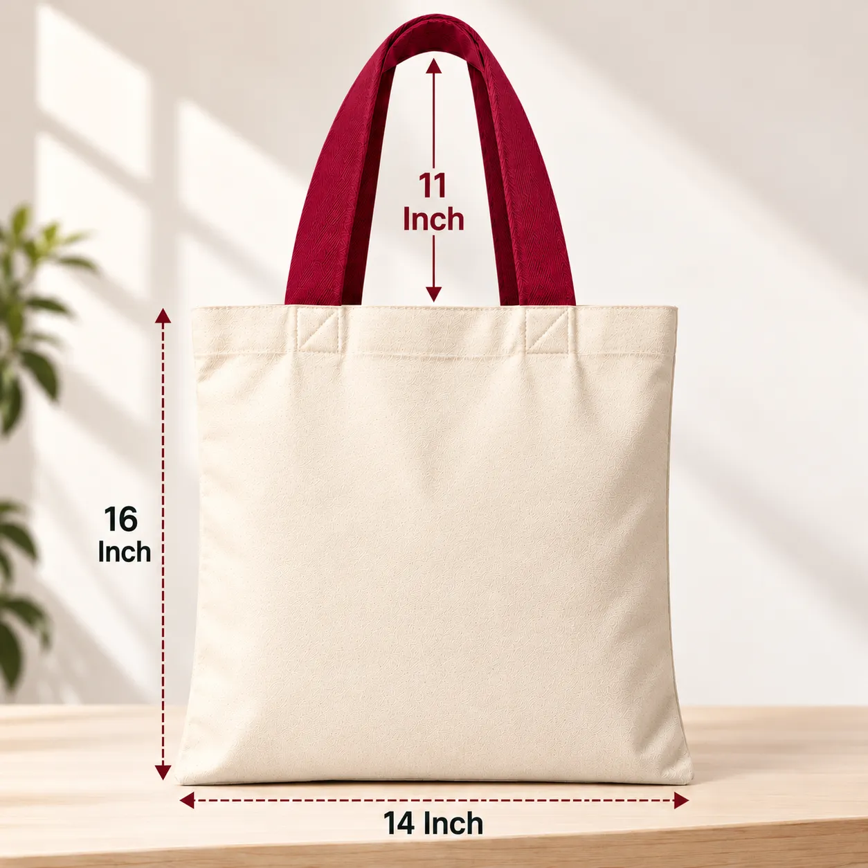 Plain Cotton Tote Bag with Maroon Handles – 14 × 16 Inch