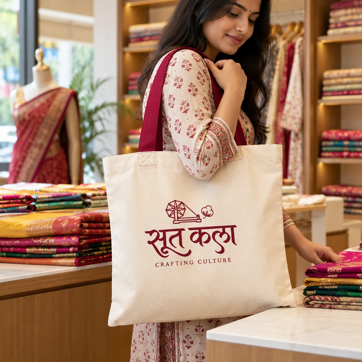 Plain Cotton Tote Bag with Maroon Handles – 14 × 16 Inch