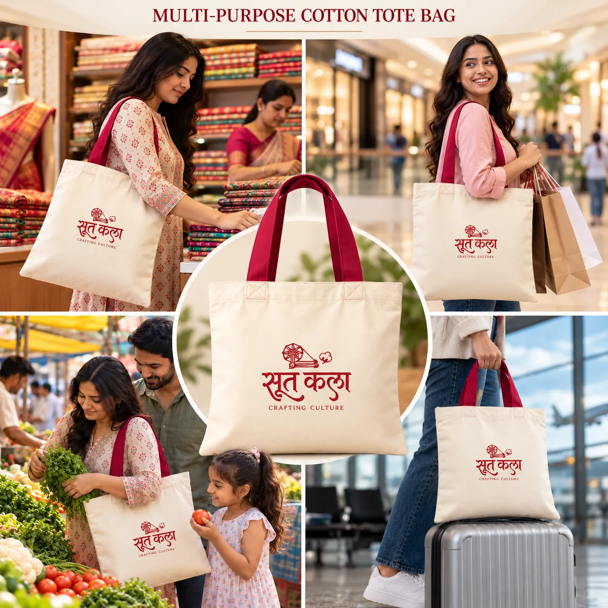 Plain Cotton Tote Bag with Maroon Handles – 14 × 16 Inch