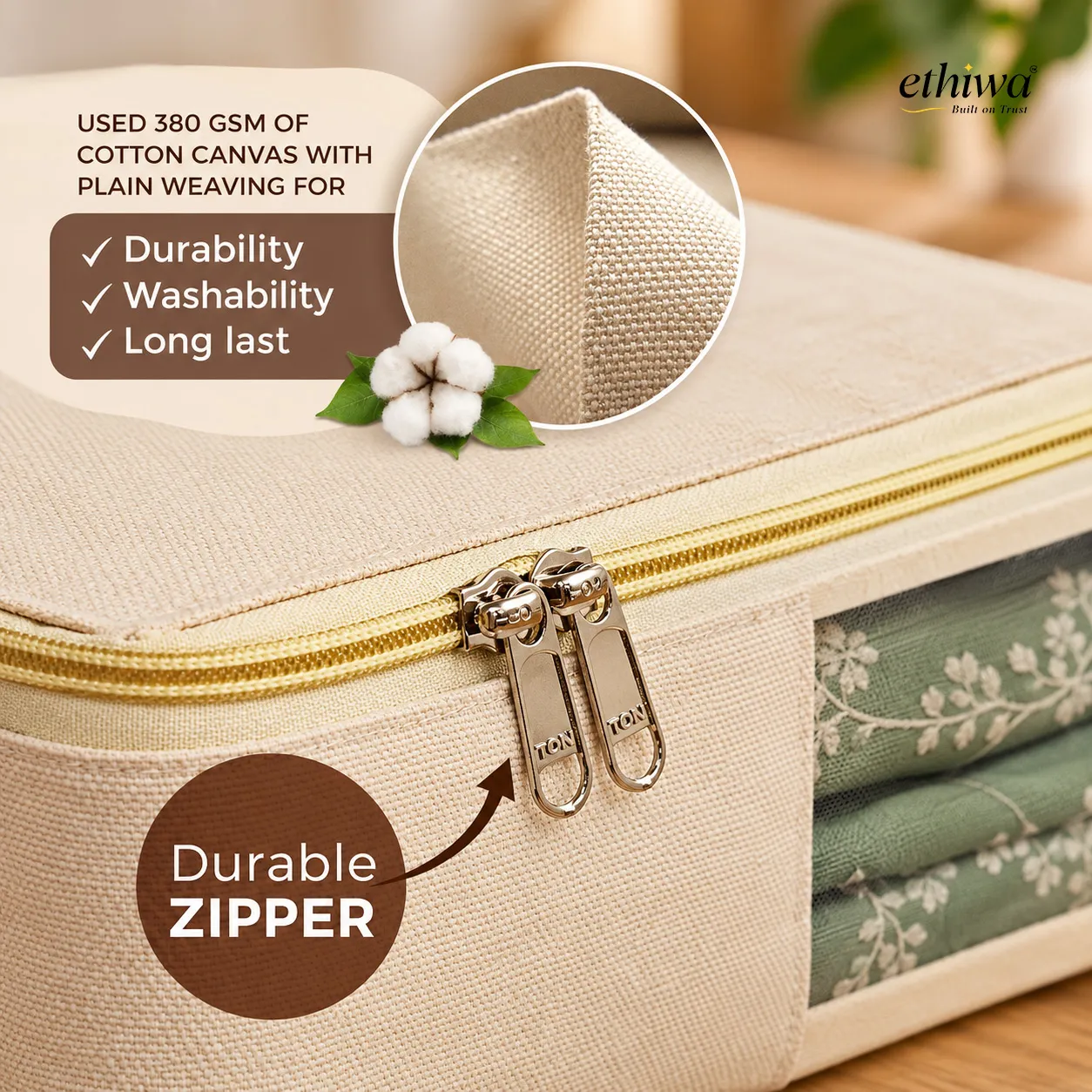 Cotton Canvas Saree Cover with Zip - 16x13x3 Inch