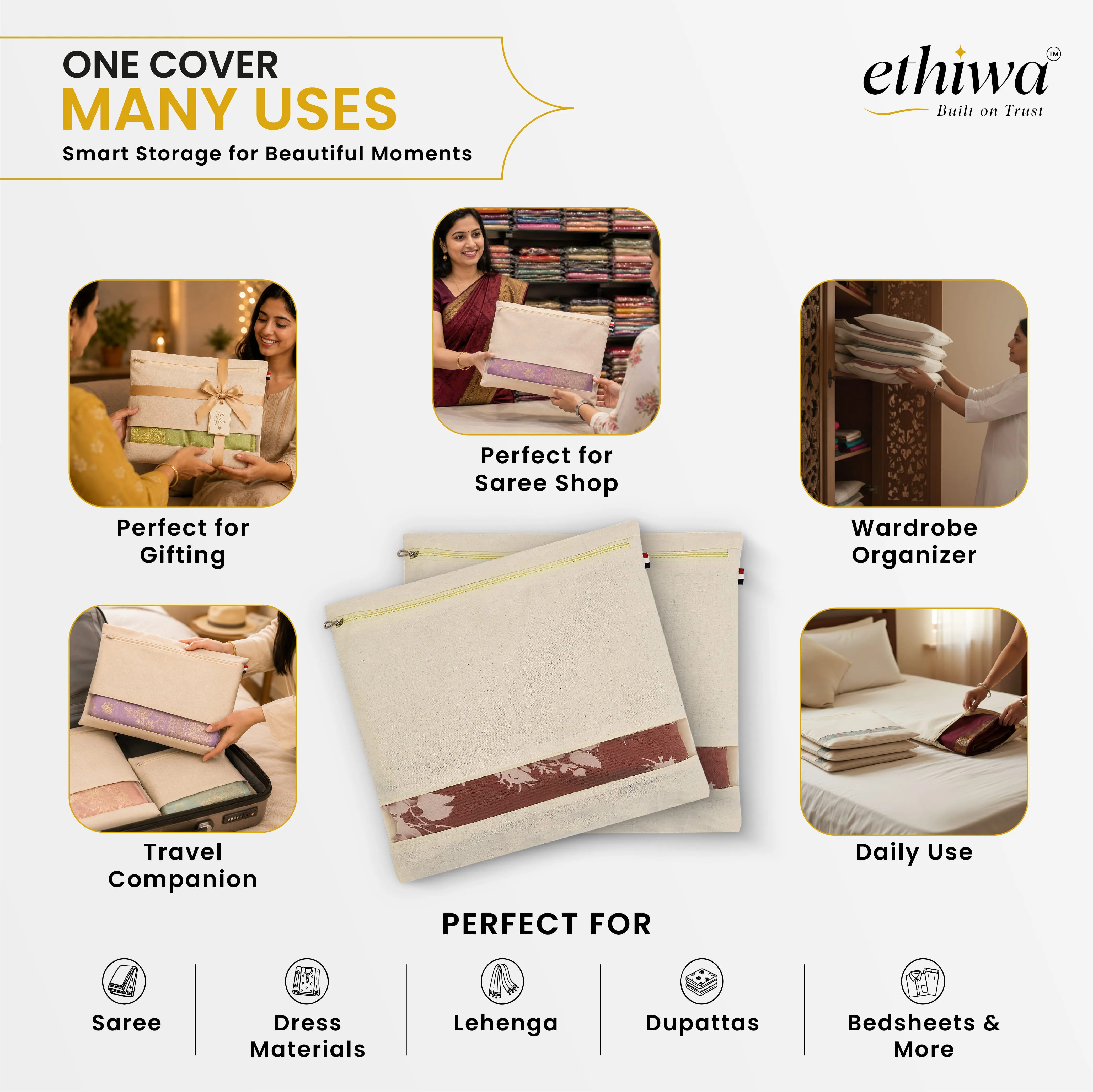 Cotton Saree Cover with Metal Zipper - 16x14 Inch