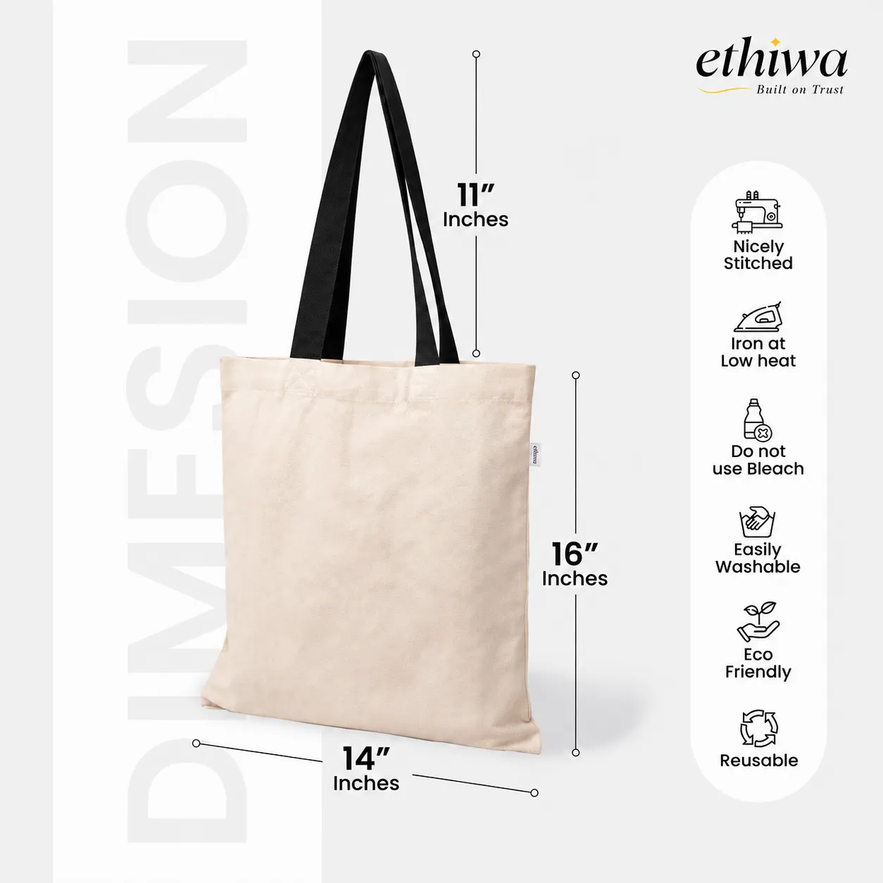 Plain Cotton Tote Bag with Black Handles - 14x16 Inch