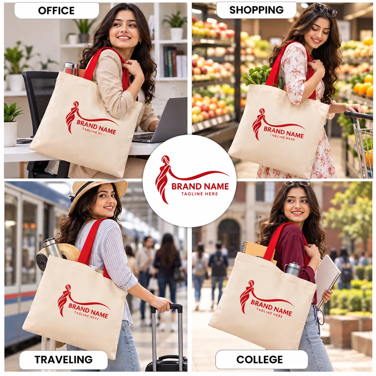 Plain Cotton Tote Bag with Red Handles - 14x16 Inch