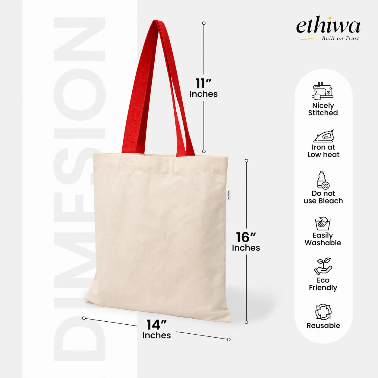 Plain Cotton Tote Bag with Red Handles - 14x16 Inch