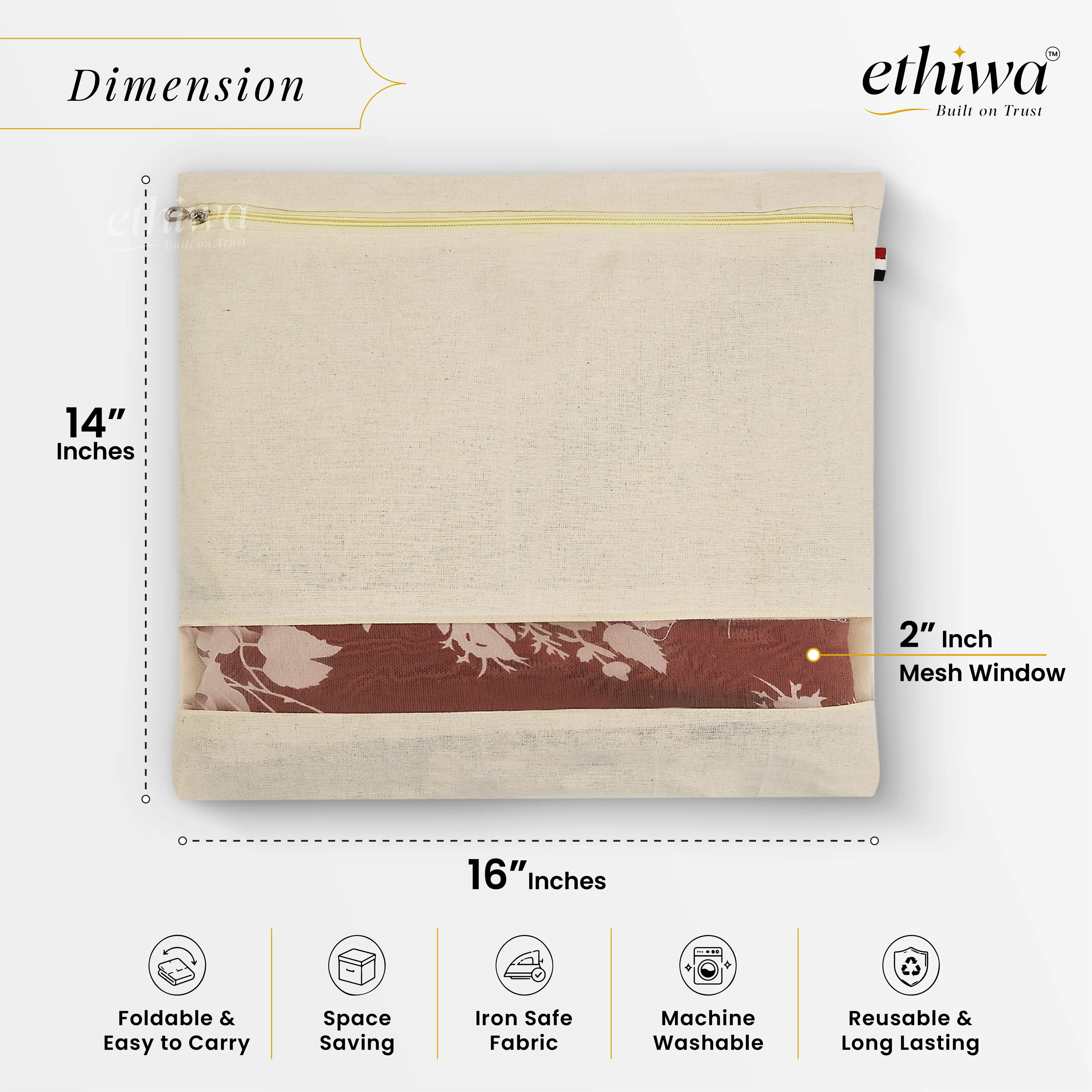 Cotton Saree Cover with Metal Zipper - 16x14 Inch
