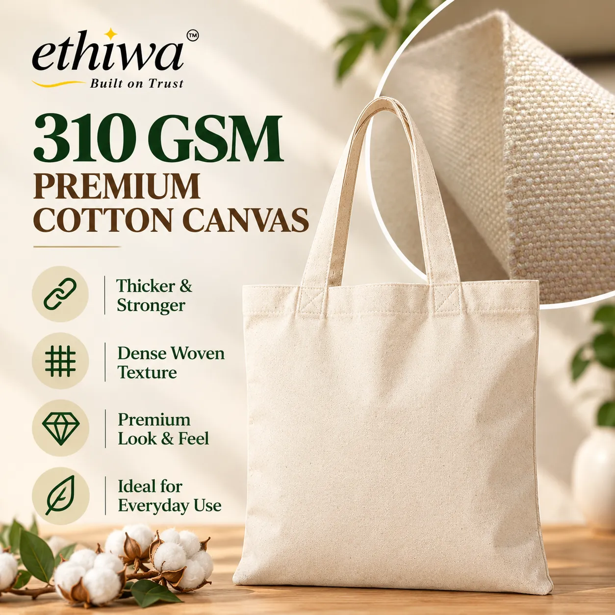 Plain Cotton Canvas Tote Bag - 14x16 Inch, 310 GSM