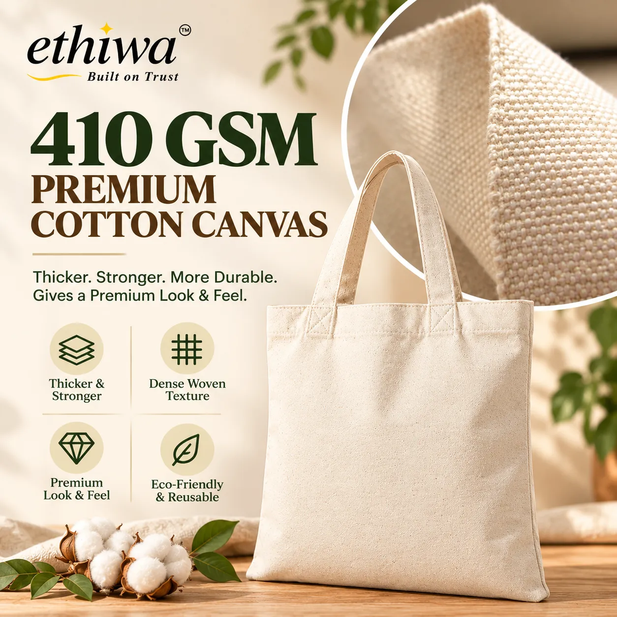 Plain Cotton Canvas Tote Bag - 14x16 Inch, 410 GSM