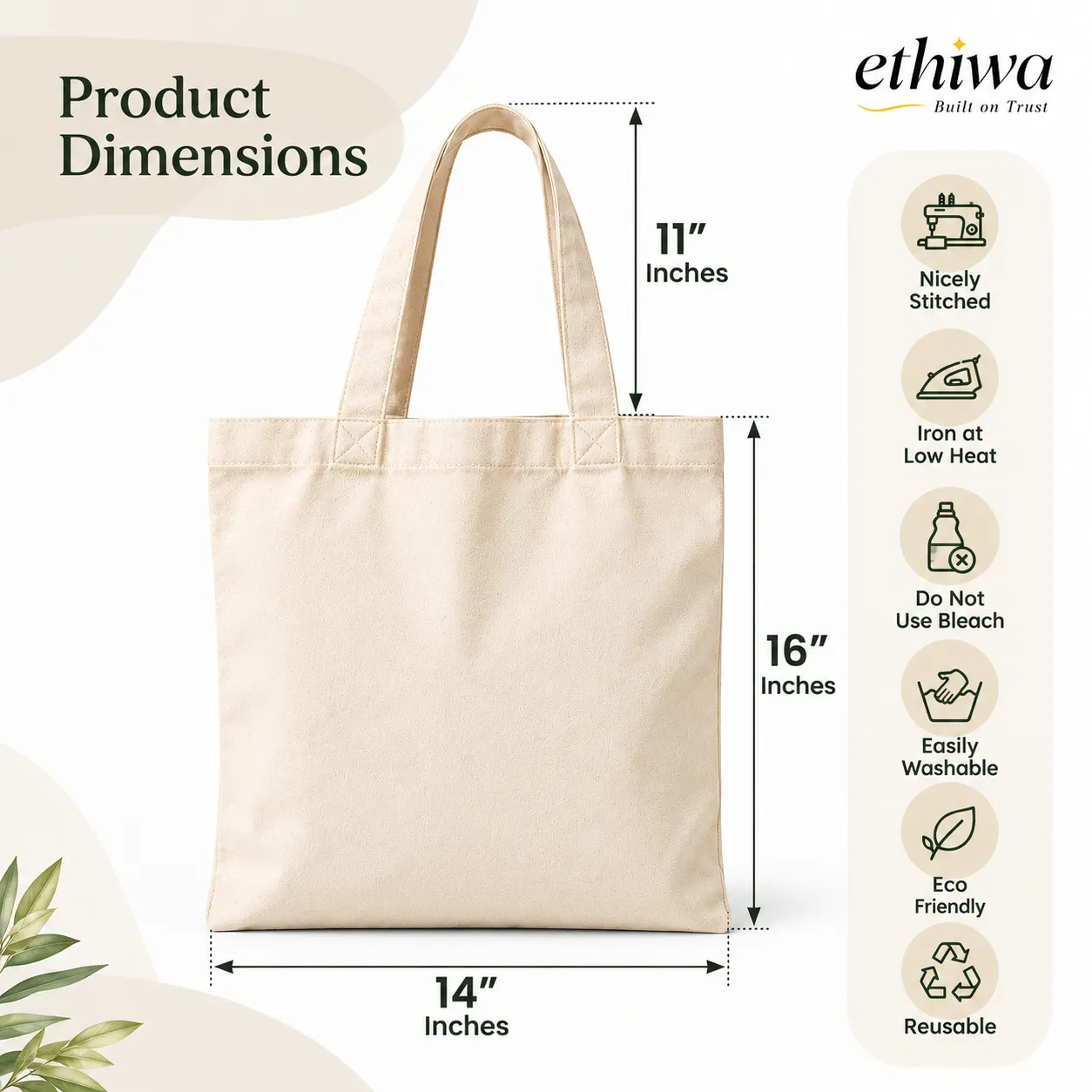 Plain Cotton Canvas Tote Bag - 14x16 Inch, 310 GSM