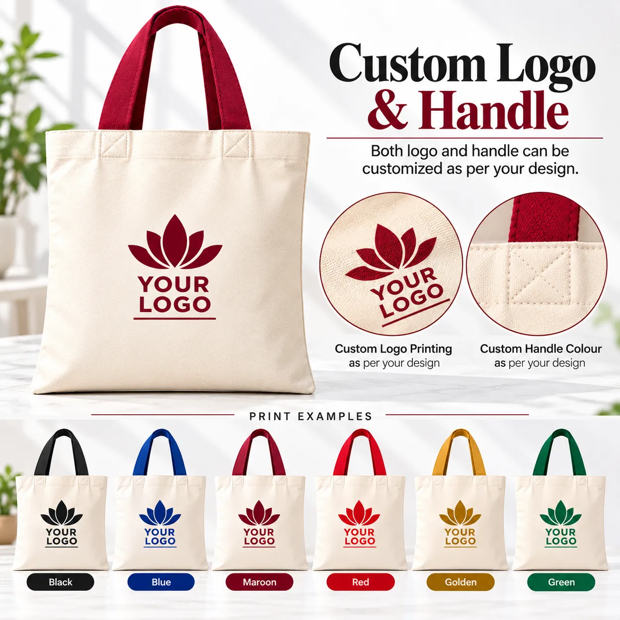 Plain Cotton Tote Bag with Red Handles - 14x16 Inch