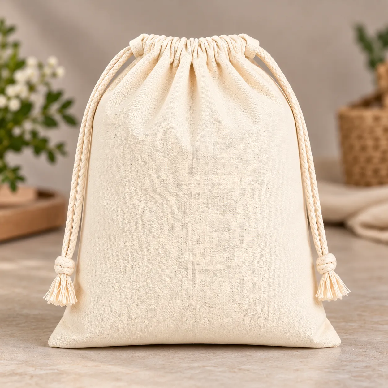 Ethiwa Premium Cotton Drawstring Bags 260 GSM, 8 x 10 Inch Reusable Cotton Storage Pouch for Vegetables, Fruits, Dry Fruits, Seeds, Travel, Shoes, Toys, Jewellery & Gift Packaging (Natural Beige)