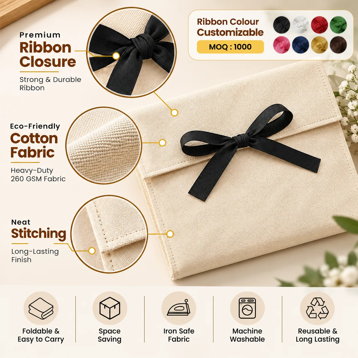 Cotton Saree Cover with Ribbon Closure - 14x16 Inch