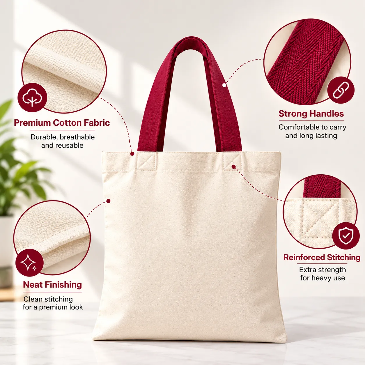 Plain Cotton Tote Bag with Maroon Handles – 14 × 16 Inch